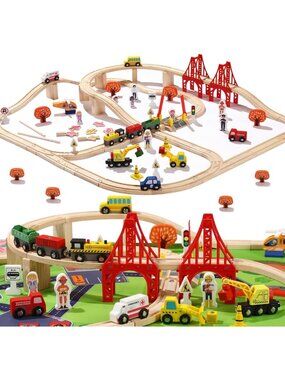 100 Pcs Wooden Train Track Set for Kids, Compatible Railway Playset, Gift for